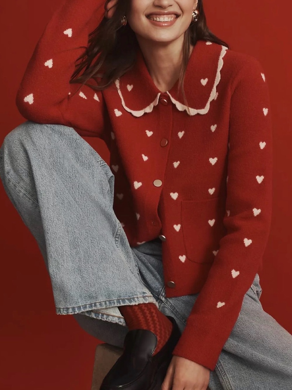 NVLT Red Knit Sweater Heart Print Scalloped collar